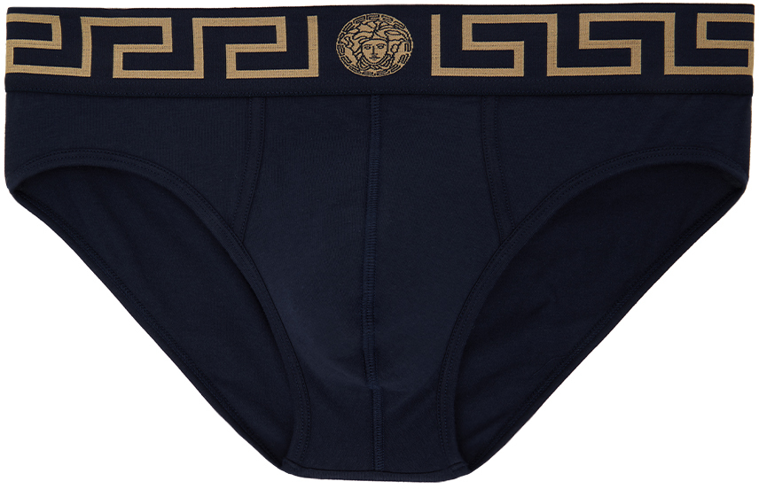 Versace Underwear: Navy Greca Border Briefs | SSENSE