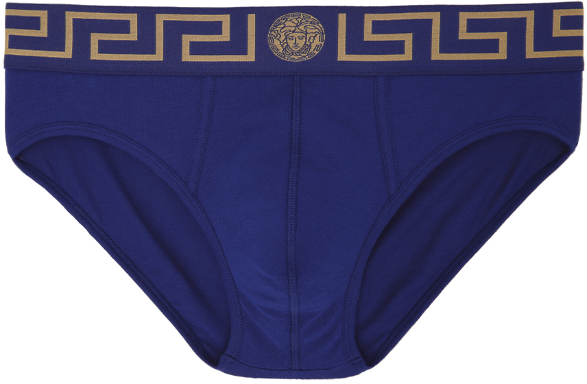 Versace Underwear: Blue Greca Border Long Boxers