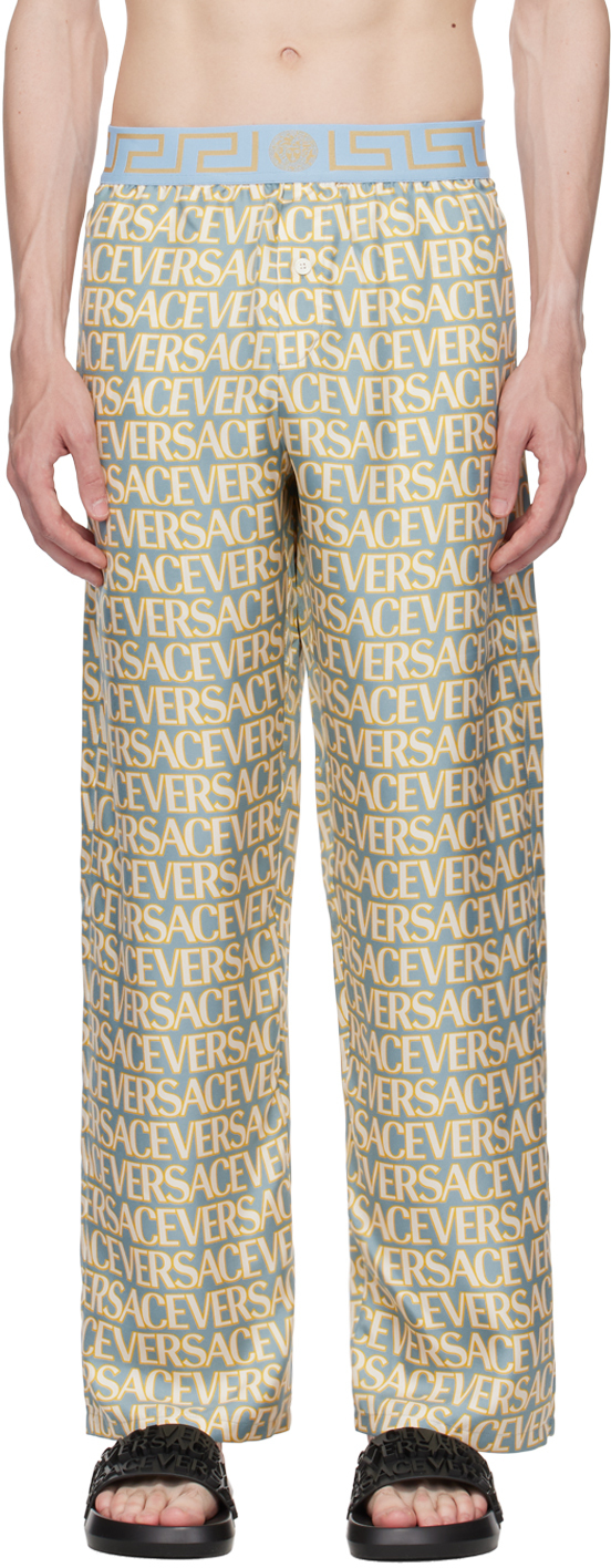 Versace Allover Silk Pyjama Bottoms In Blue Ivory
