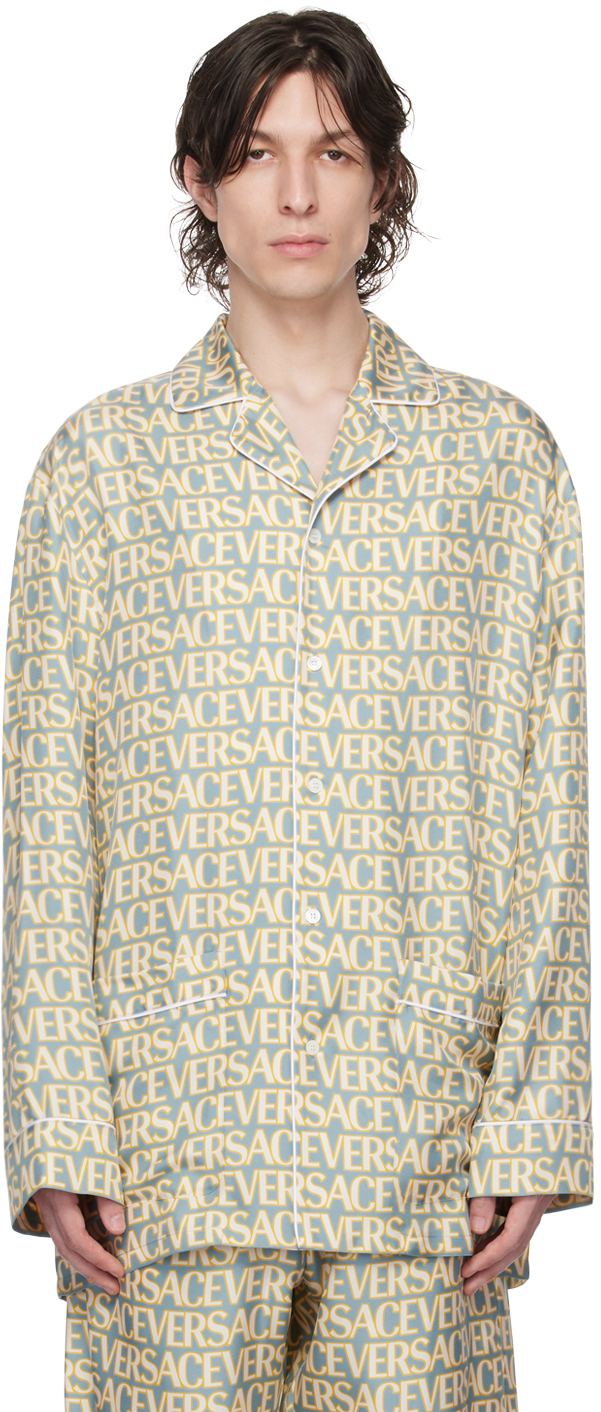 Versace Allover Silk Pyjama Shirt In Blue