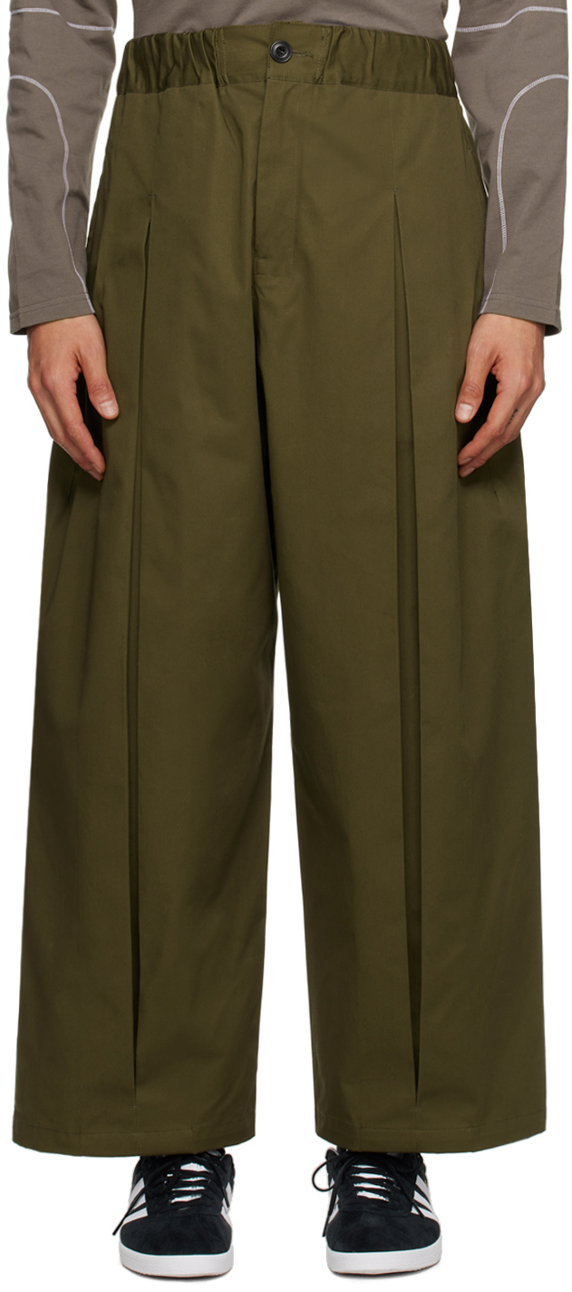 SAGE NATION: Khaki Box Pleat Trousers | SSENSE