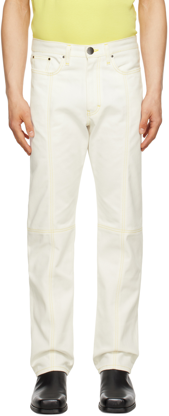 Steven Passaro White Contrast Stitched Jeans In Cannoli Cream