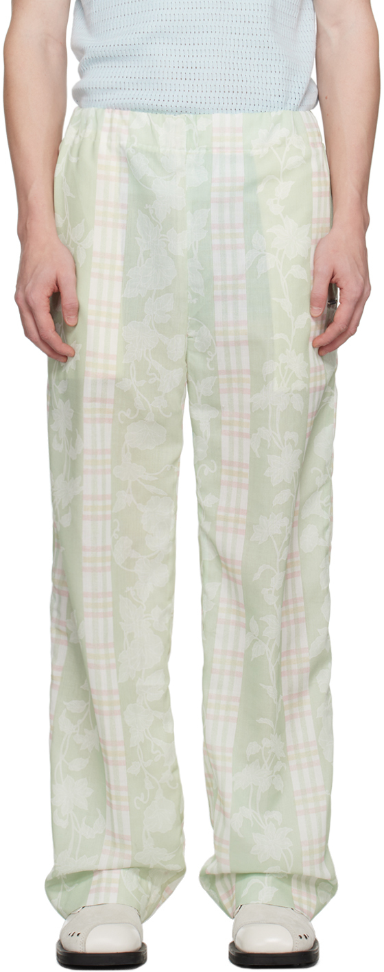 Young N Sang Green Floral Trousers In Hologram Greenflower