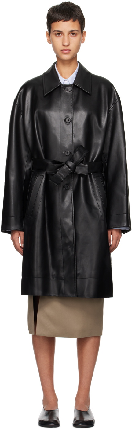 Black Belted Faux-Leather Coat