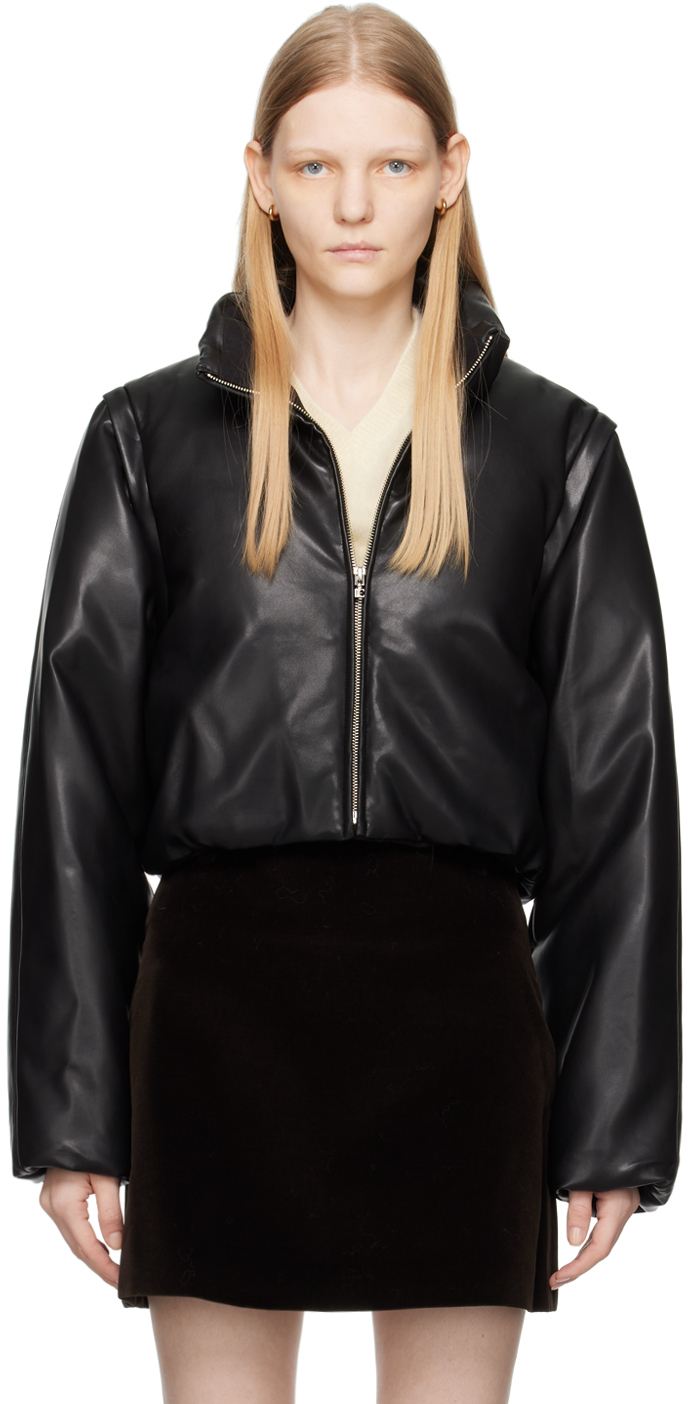 Black Cropped Faux-Leather Down Jacket