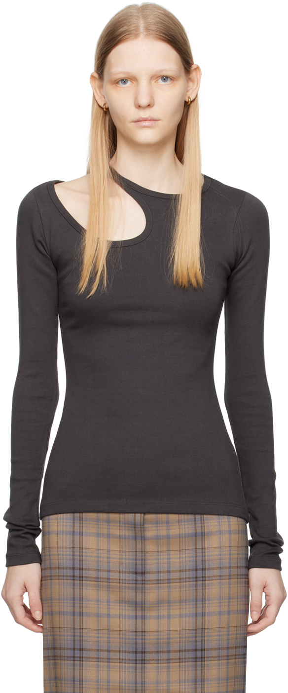 Shop Low Classic Gray Curve Hole Long Sleeve T-shirt In Charcoal