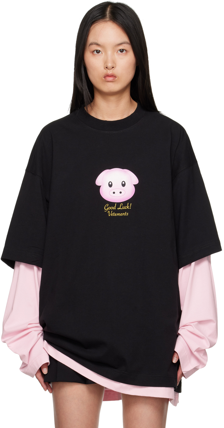 VETEMENTS Black & Pink Lucky Pig Long Sleeve T-Shirt