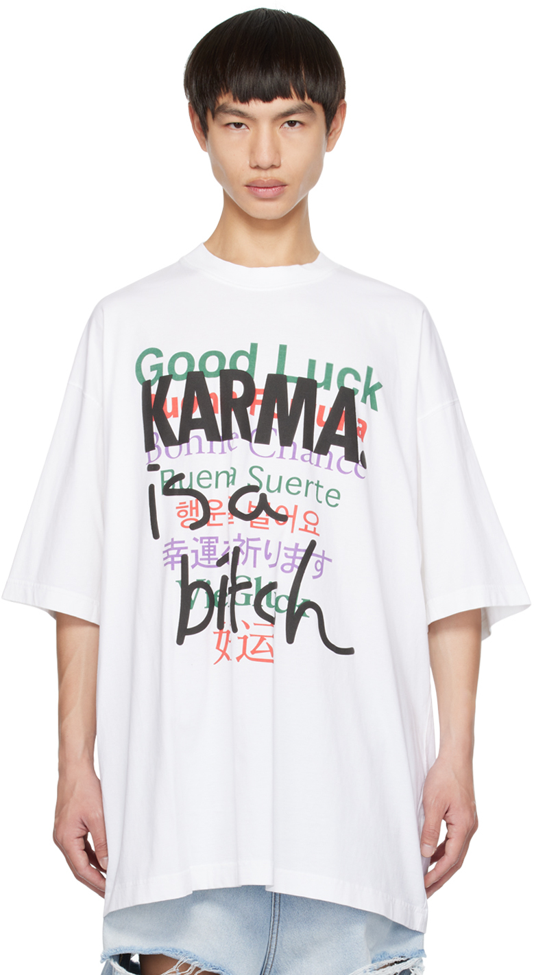 VETEMENTS: White 'Karma Is A Bitch' T-Shirt | SSENSE UK