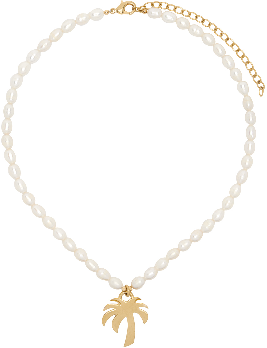 Shop Palm Angels White Pearls Palm Necklace In Off White/ Gold