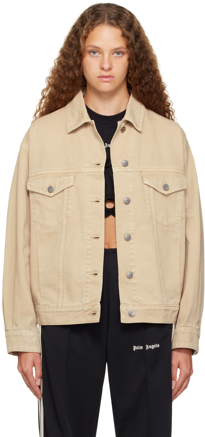 Shop Palm Angels Beige Bull Denim Jacket