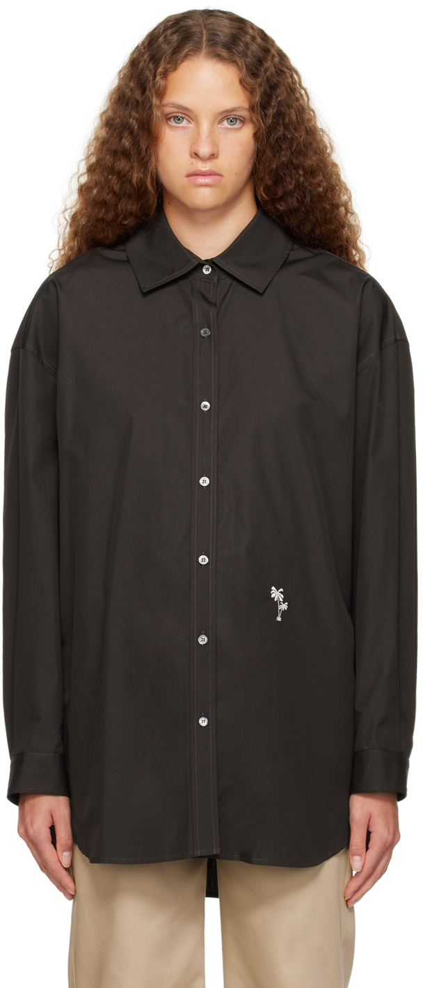 Palm Angels Brown Embroidered Shirt In Brown White