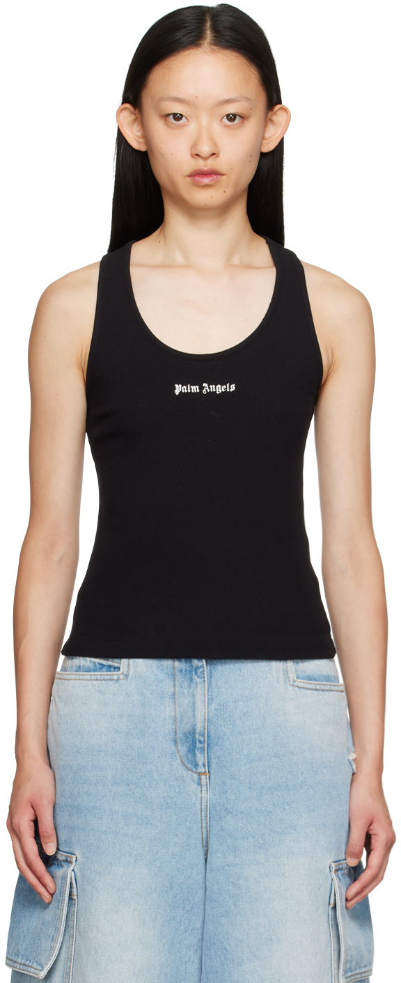 Palm Angels Logo Embroidered Ribbed Tank Top In Black Off White