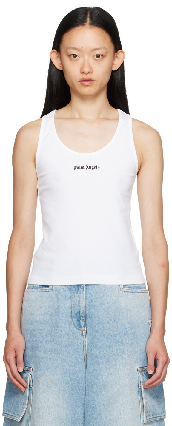 Palm Angels White Embroidered Tank Top In White Black