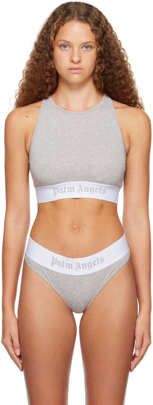 Palm Angels Beige Sports Bra With Miami Print And Elastic Band In Stretch  Fabric Woman