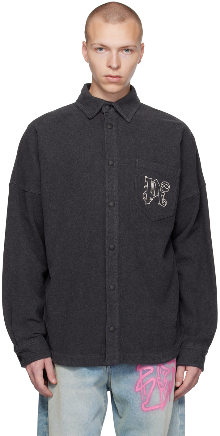 Palm Angels Gray Monogram Shirt In Anthracite Off