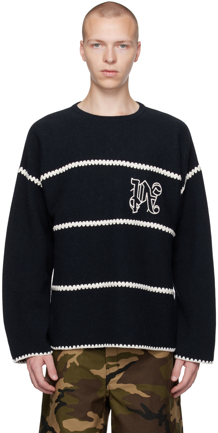 Navy Monogram Sweater by Palm Angels on Sale