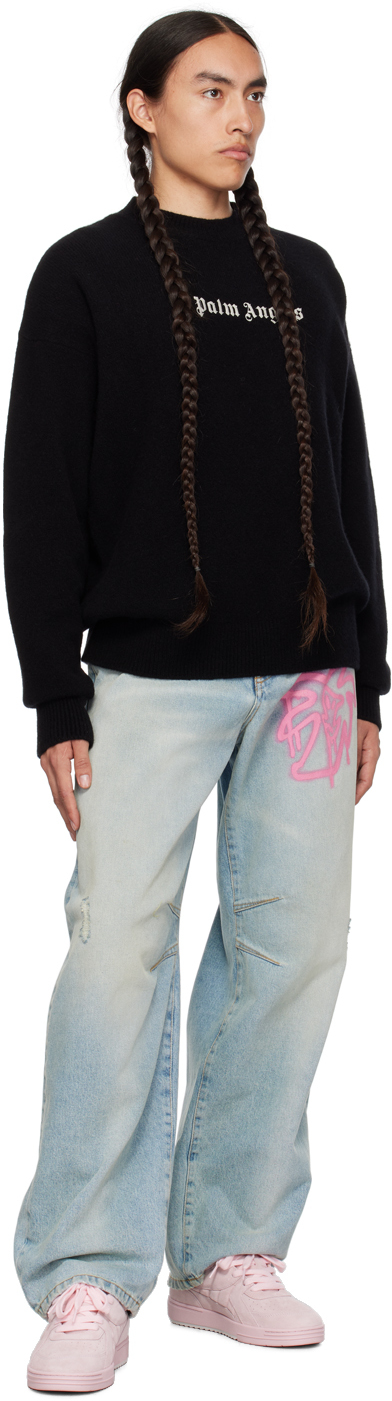 Palm Angels Black Embroidered Sweater In Black White