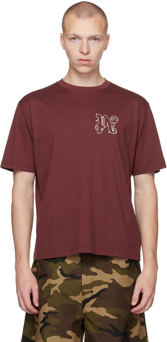 Shop Palm Angels Red Monogram T-shirt In Bordeaux White