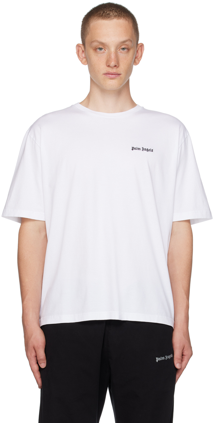 Palm Angels White Embroidered T-shirt In White Black