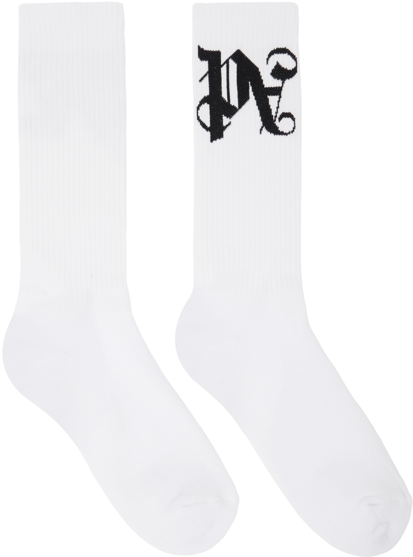Palm Angels White Monogram Socks In White Black