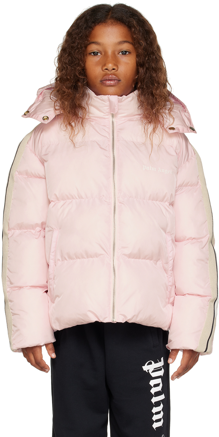 Shop Palm Angels Kids Pink Hooded Puffer Jacket In Baby Pink White