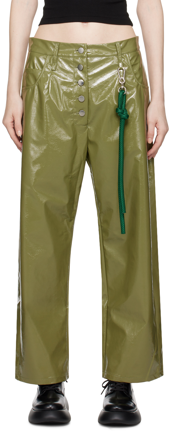 Green Straight-Fit Faux-Leather Trousers