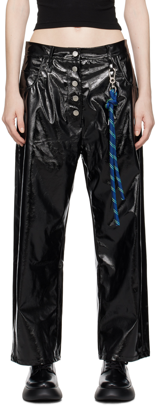 Black Straight-Fit Faux-Leather Trousers