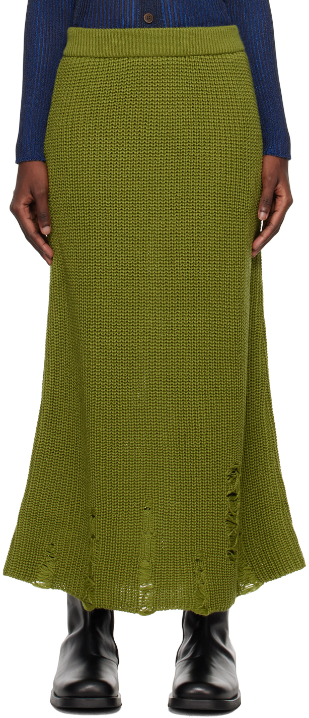 Green Distressed Midi Skirt