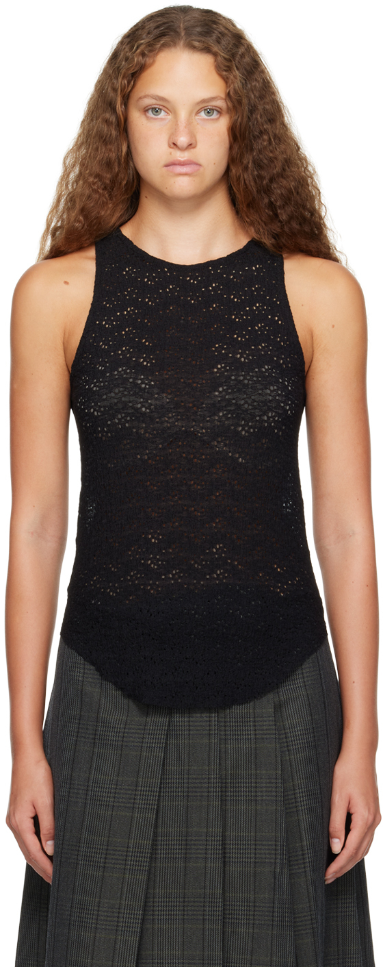Song For The Mute Womens Black Curved-hem Open-knit Woven Top