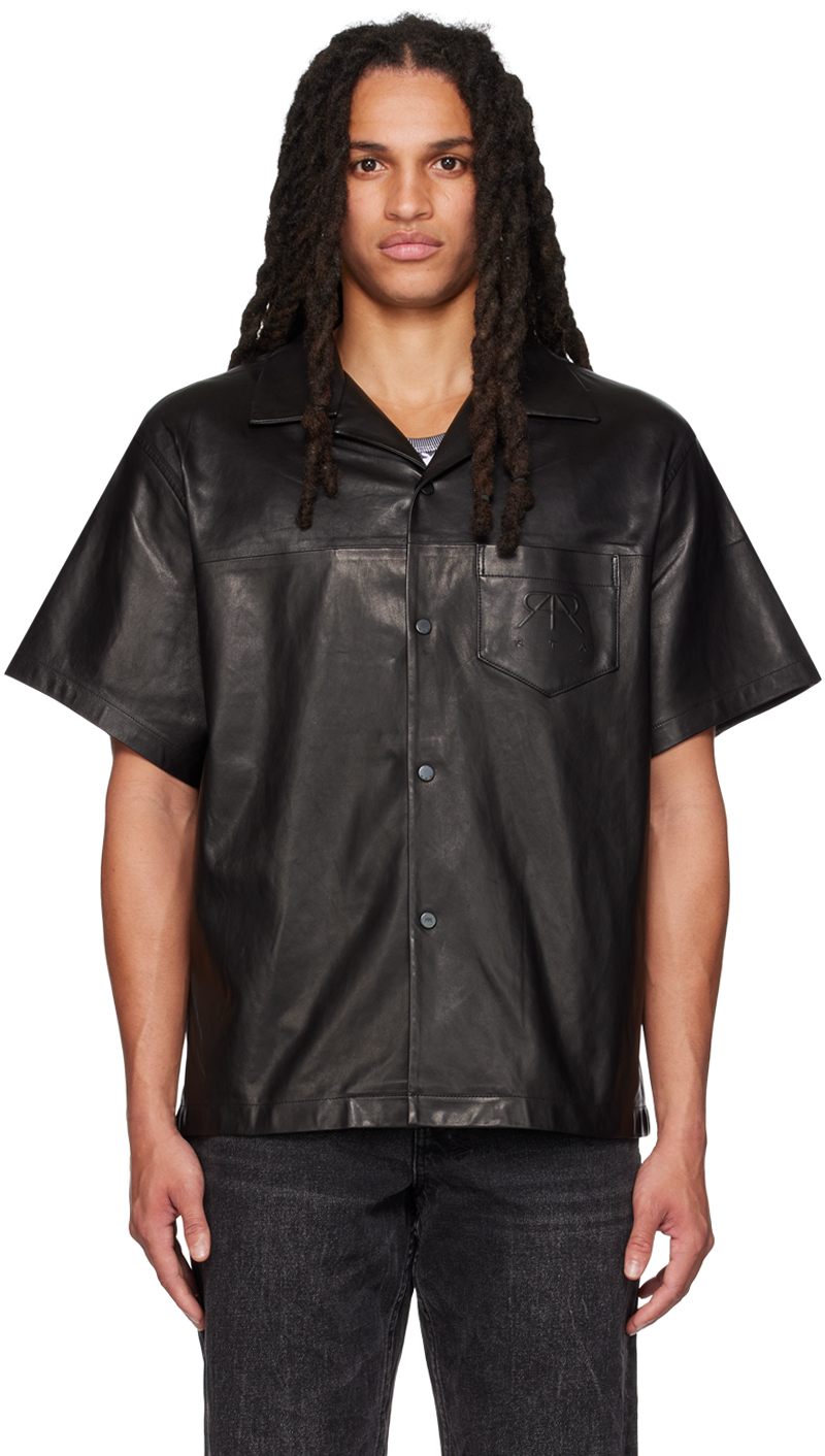 RTA Black Spread Collar Leather Shirt