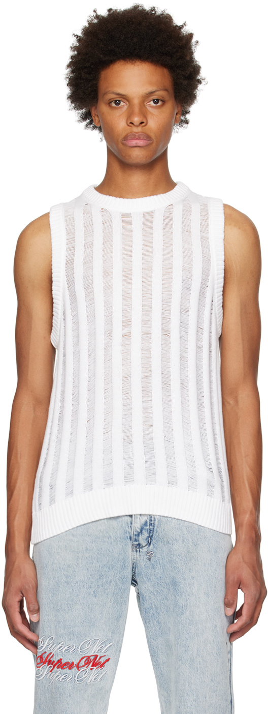 Men's Mesh Striped Tank Top Sweater In White