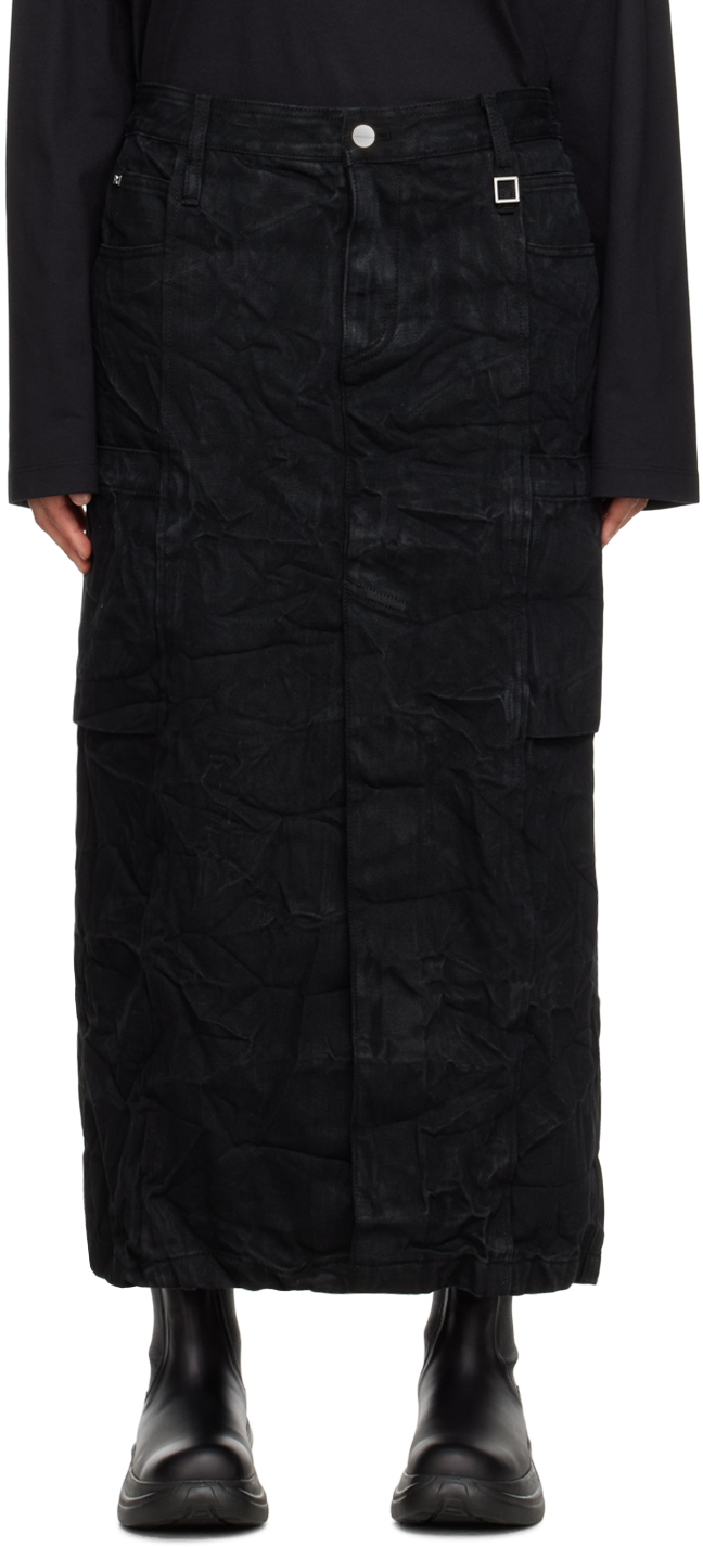 Black Crinkled Denim Maxi Skirt