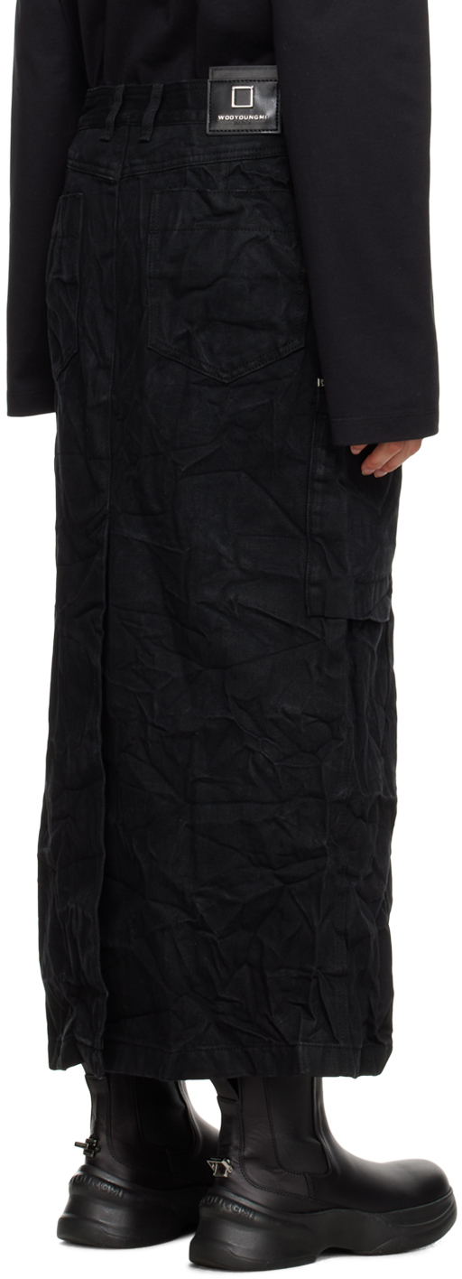 WOOYOUNGMI BLACK CRINKLED DENIM MAXI SKIRT 