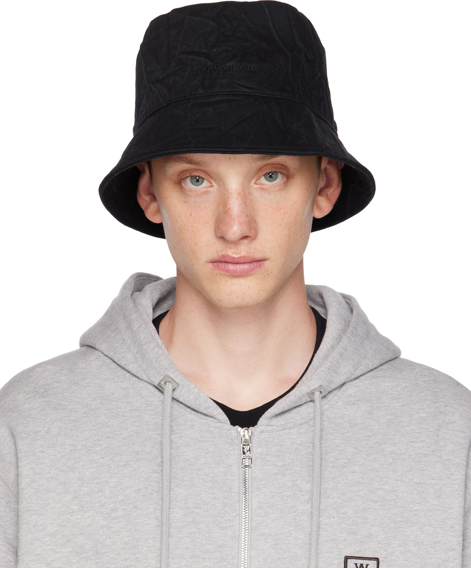 Wooyoungmi: Black Crinkled Denim Bucket Hat | SSENSE