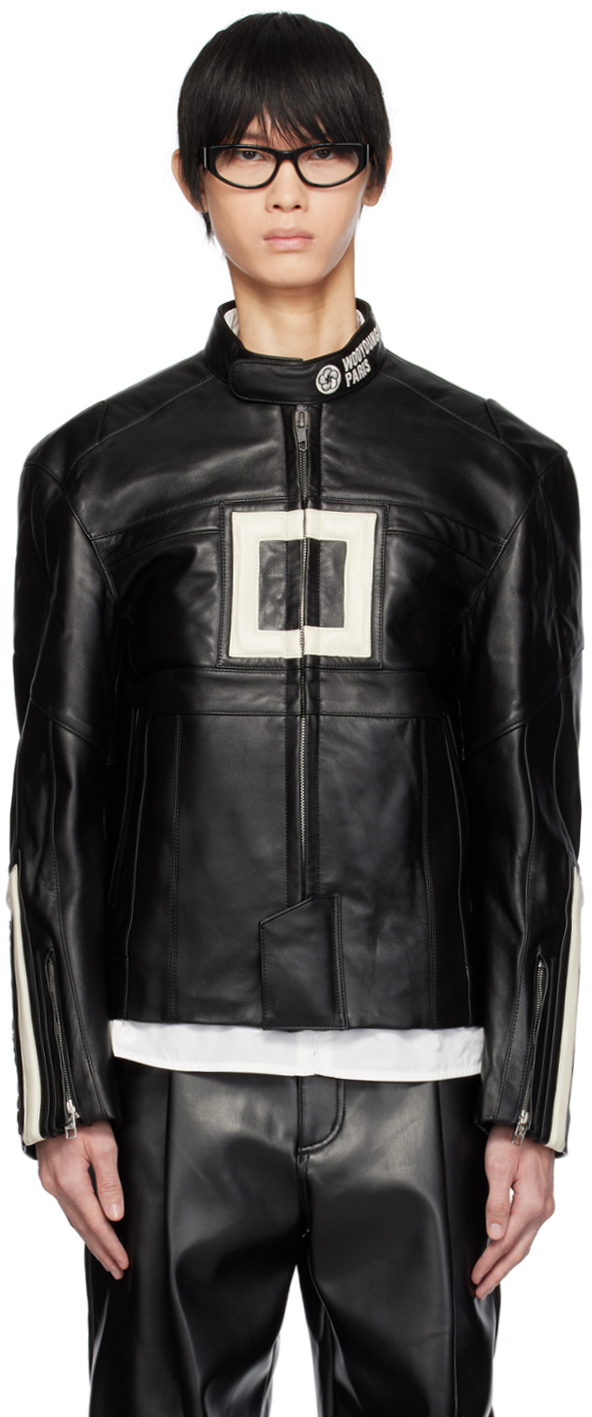 Wooyoungmi Black Band Collar Leather Jacket In Black 655b