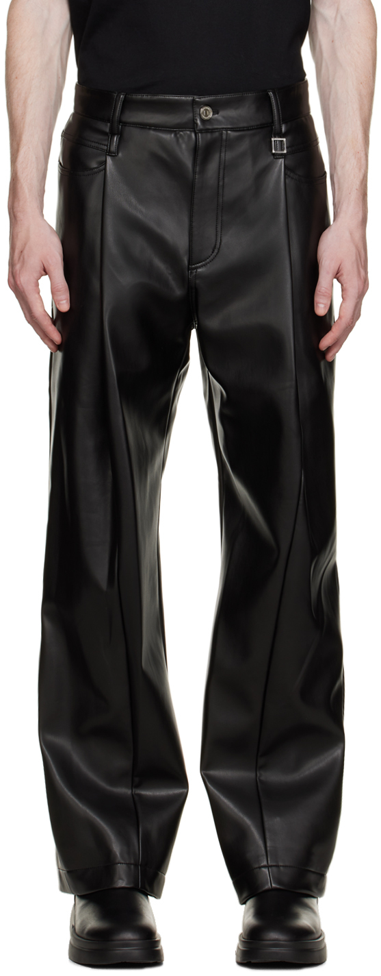 Black Pleated Faux-Leather Trousers