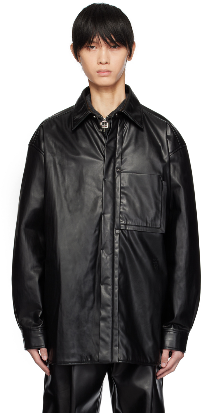 Wooyoungmi Black Patch Pocket Faux-leather Shirt In Black 979b