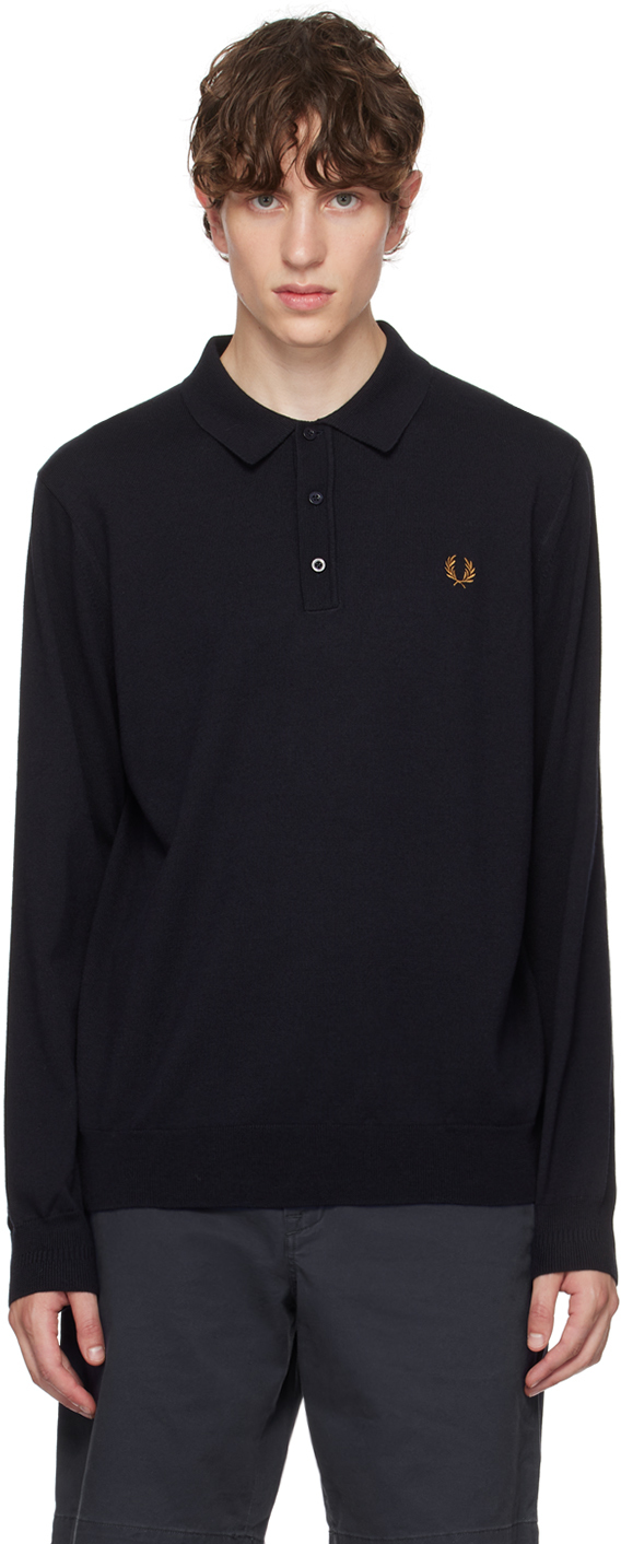 Fred Perry Navy Embroidered Long Sleeve Polo In 795 Navy