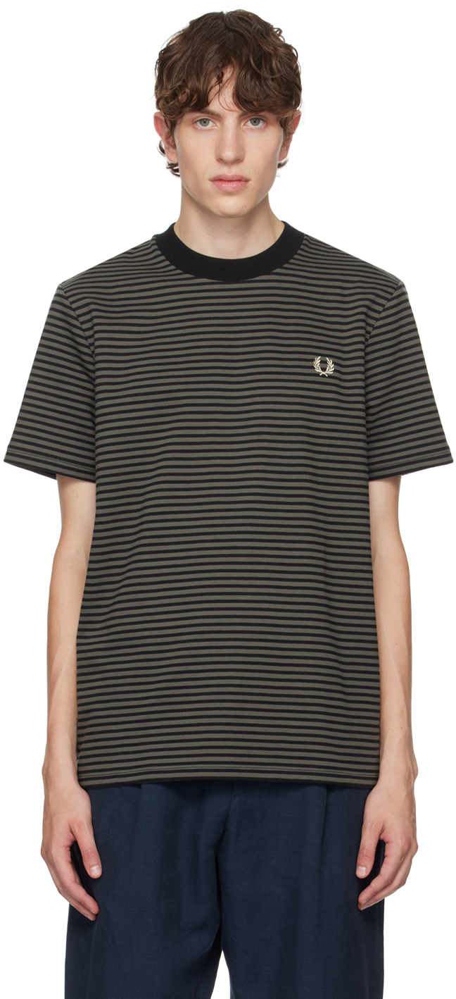 Shop Fred Perry Gray Fine Stripe T-shirt In T02 Black/field Grn