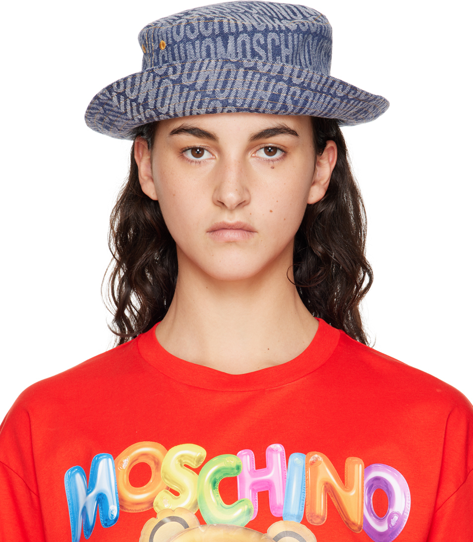 Shop Moschino Navy Denim Allover Logo Bucket Hat In A1290 Fp Blue