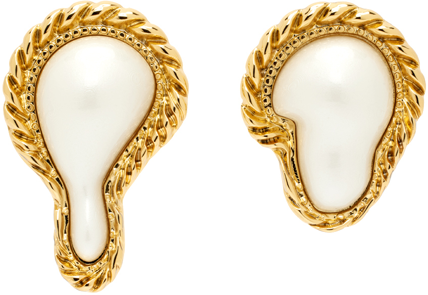 Moschino: Gold & White Morphed Pearl Earrings | SSENSE