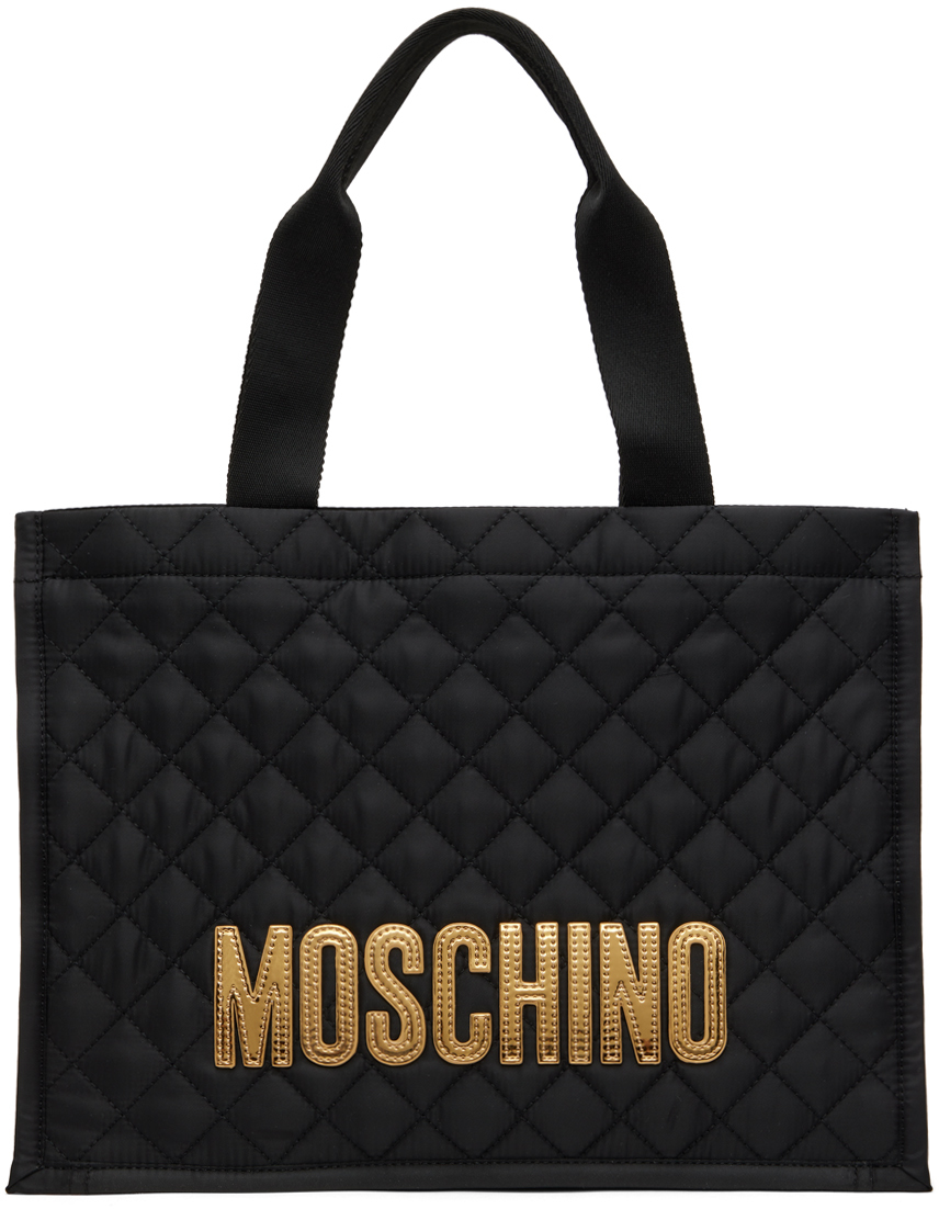 Shop Moschino Black Quilted Logo Tote In B2555 Fantasy Black