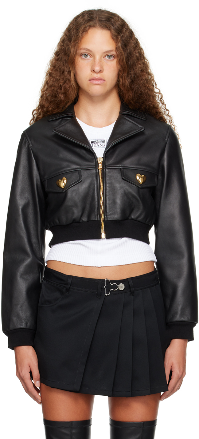Moschino Heart-buttons Crop Leather Jacket In Black