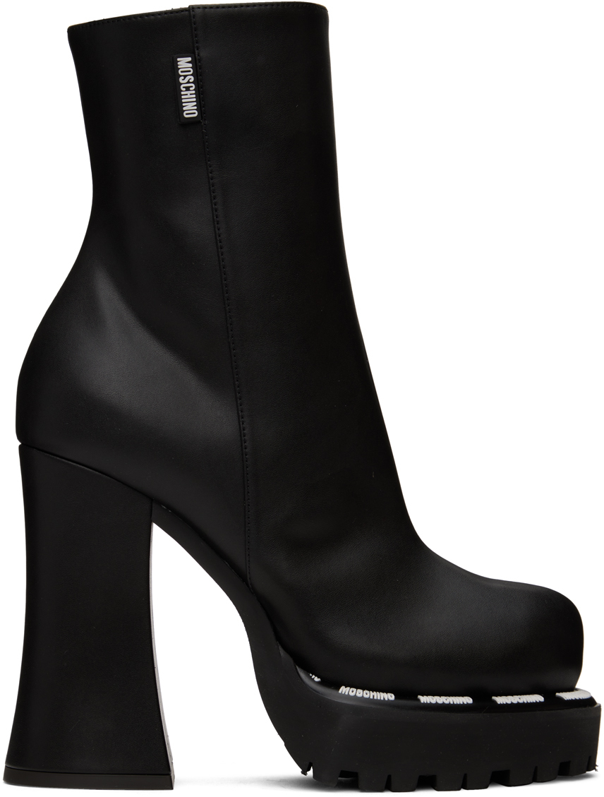 Moschino Black Embossed Boots In 000 Nero
