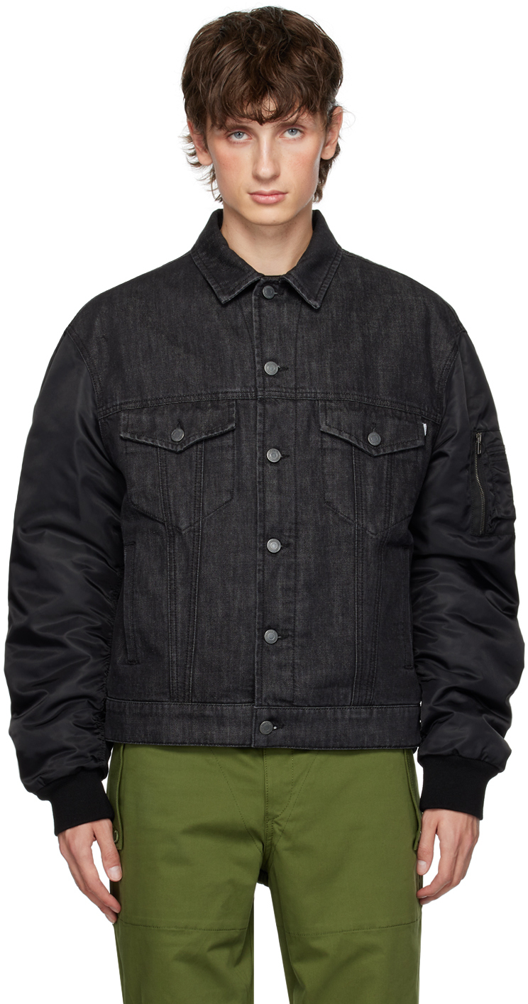 Shop Moschino Black Paneled Denim Jacket In A1555 Fantasy Print