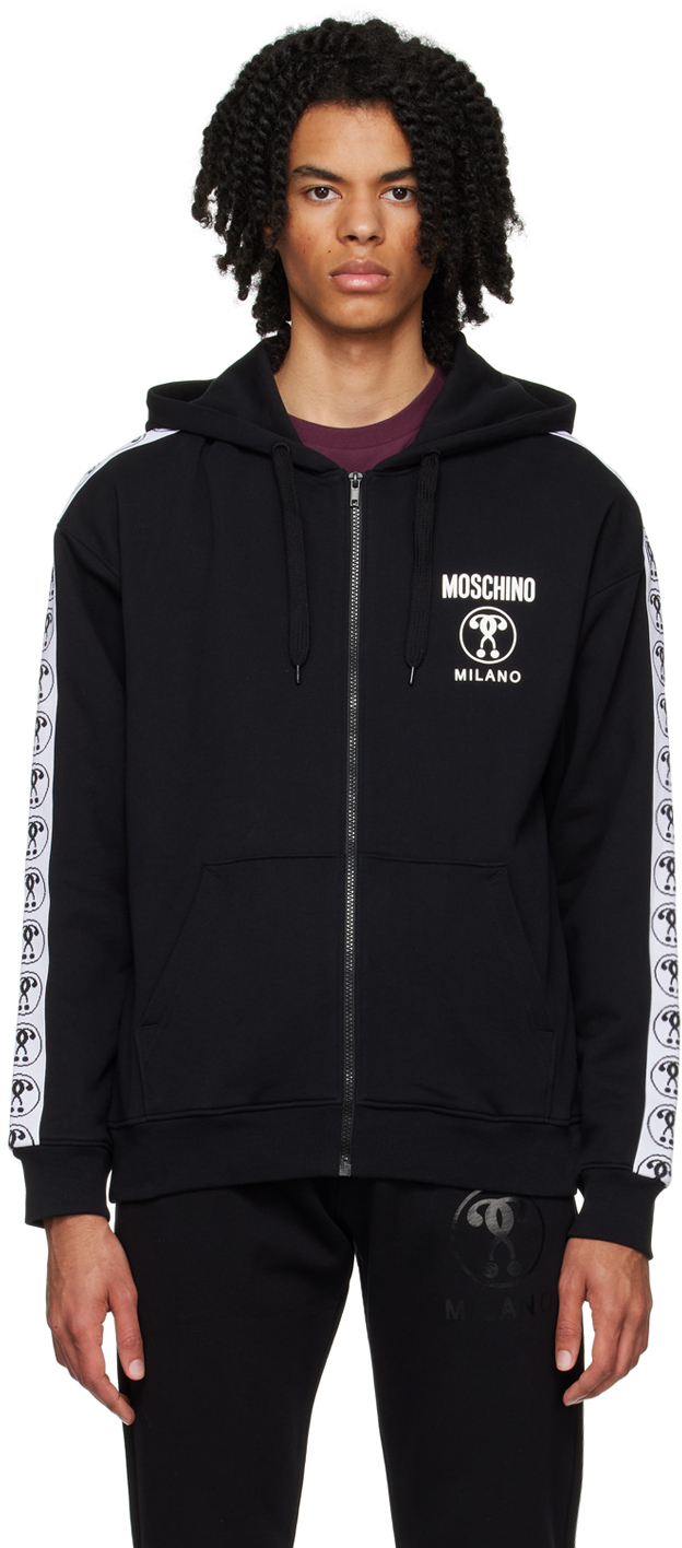 Shop Moschino Black Double Question Mark Hoodie In A1555 Fantasy Print