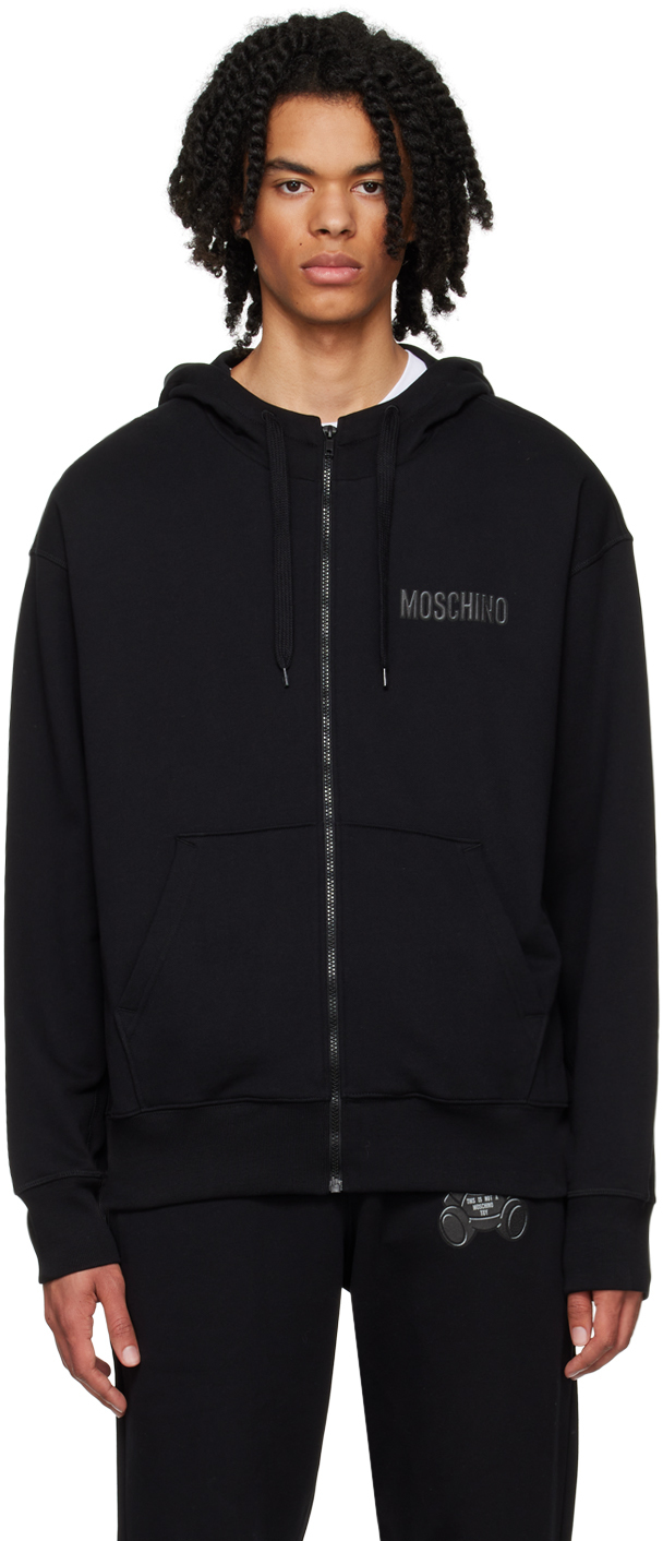 Moschino Black Rubberized Hoodie In A1555 Fantasy Print