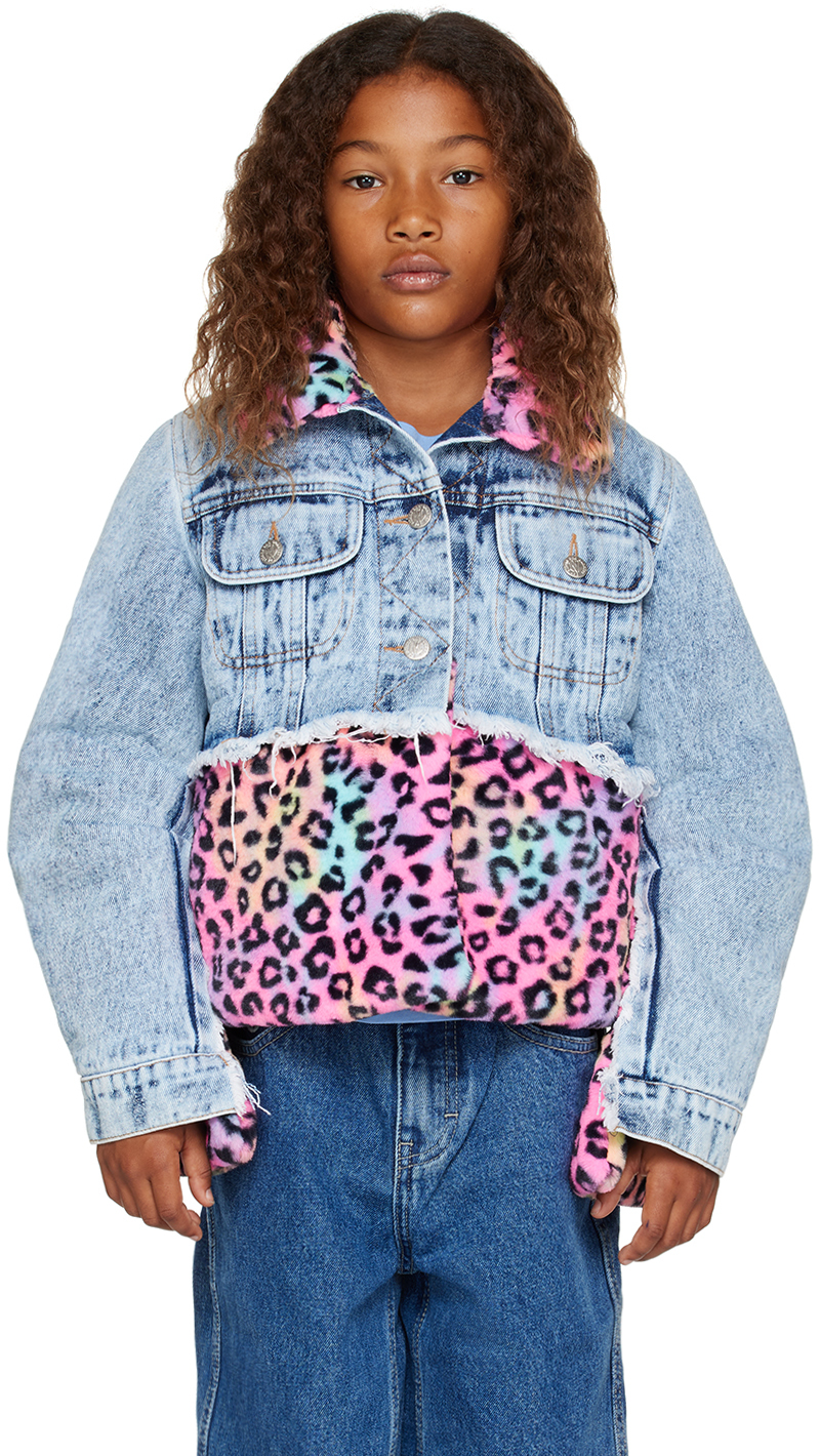 Nzkidzzz Kids Blue & Pink Leopard Denim Jacket In Light Wash/leopard