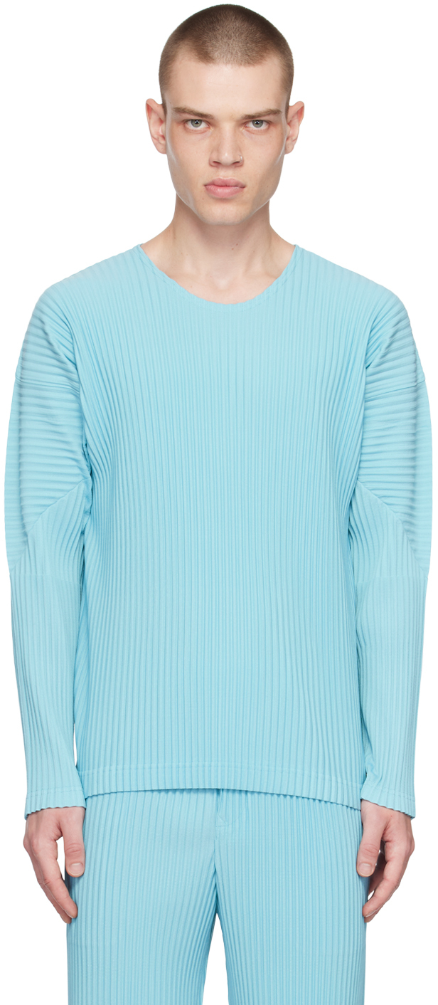 Issey Miyake Blue Color Pleats Long Sleeve T-shirt In 71-aqua Blue