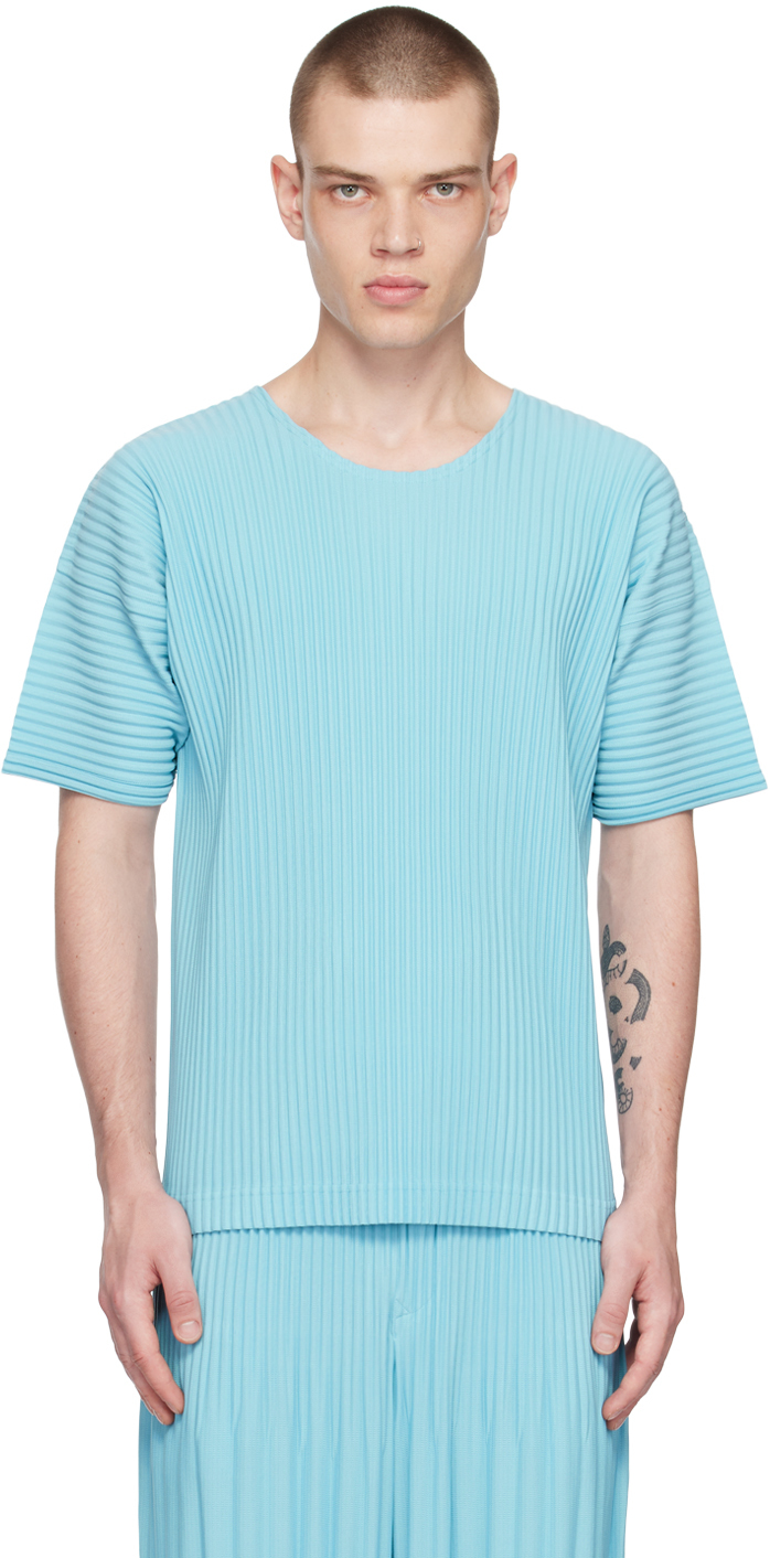Issey Miyake Blue Color Pleats T-shirt In 71-aqua Blue
